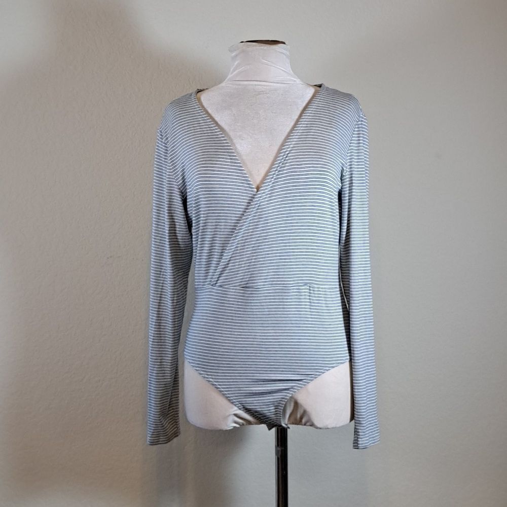 H & M Bodysuit Size L Blue White Striped Wrap Style Deep V-Neck Long Sleeve